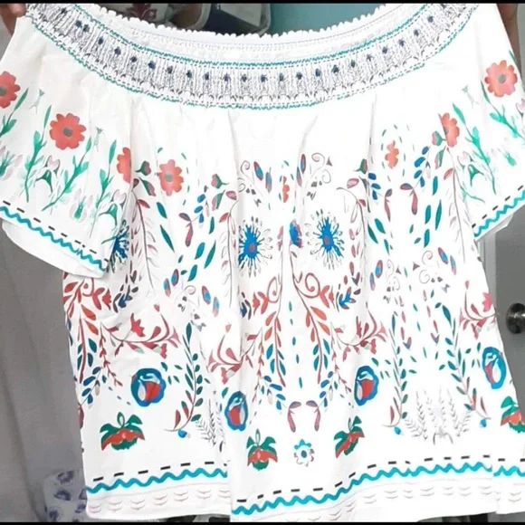 Boho Floral Print Off Shoulder Top Blouse Shirt White - Picture 8 of 8